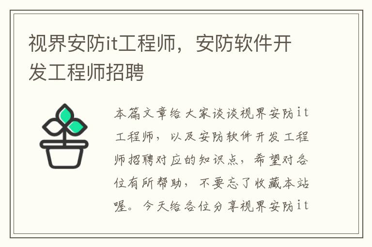 视界安防it工程师，安防软件开发工程师招聘