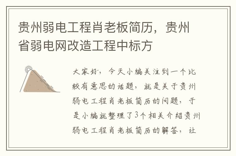 贵州弱电工程肖老板简历，贵州省弱电网改造工程中标方